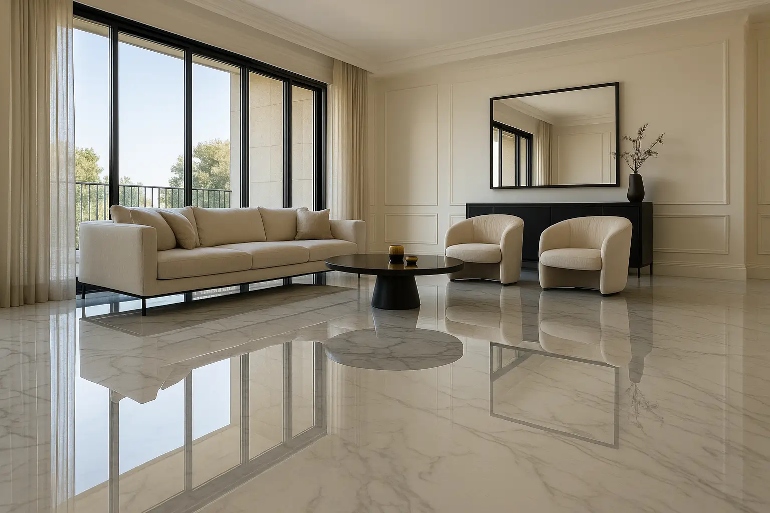 רצפת שיש עם פוליש קריסטל בסלון יוקרתי