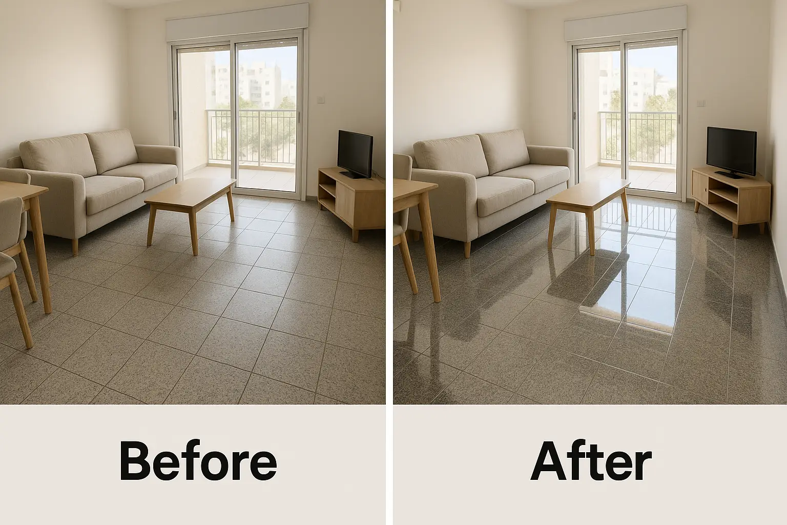 לפני ואחרי פוליש לרצפה בדירה פשוטה בישראל