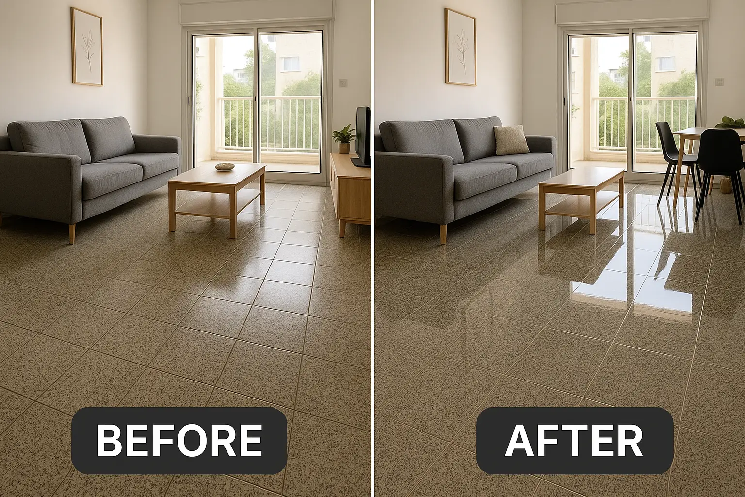 לפני ואחרי פוליש לרצפה בדירה ישראלית