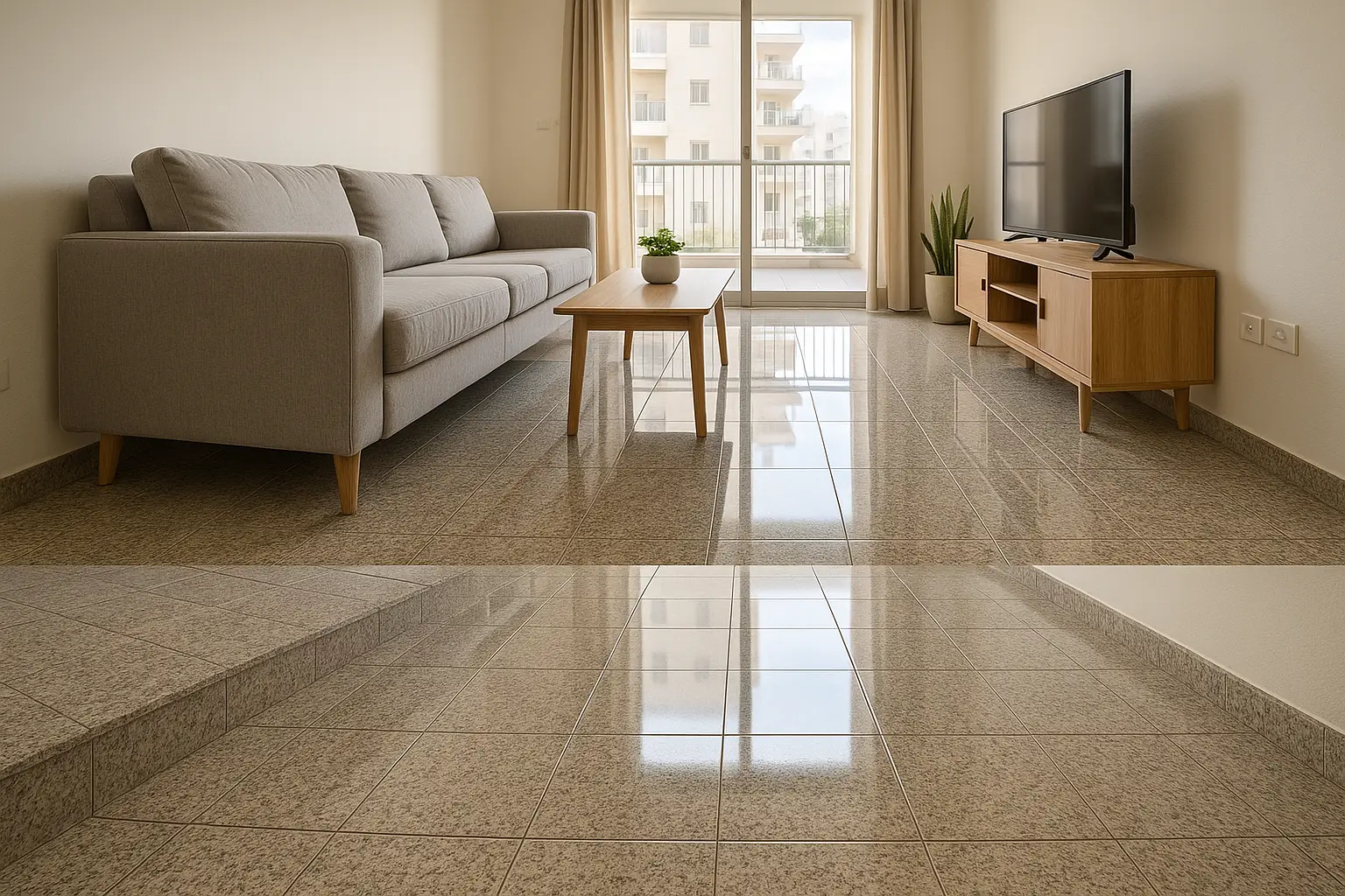 תוצאה של פוליש לרצפת גרניט בדירה ישראלית